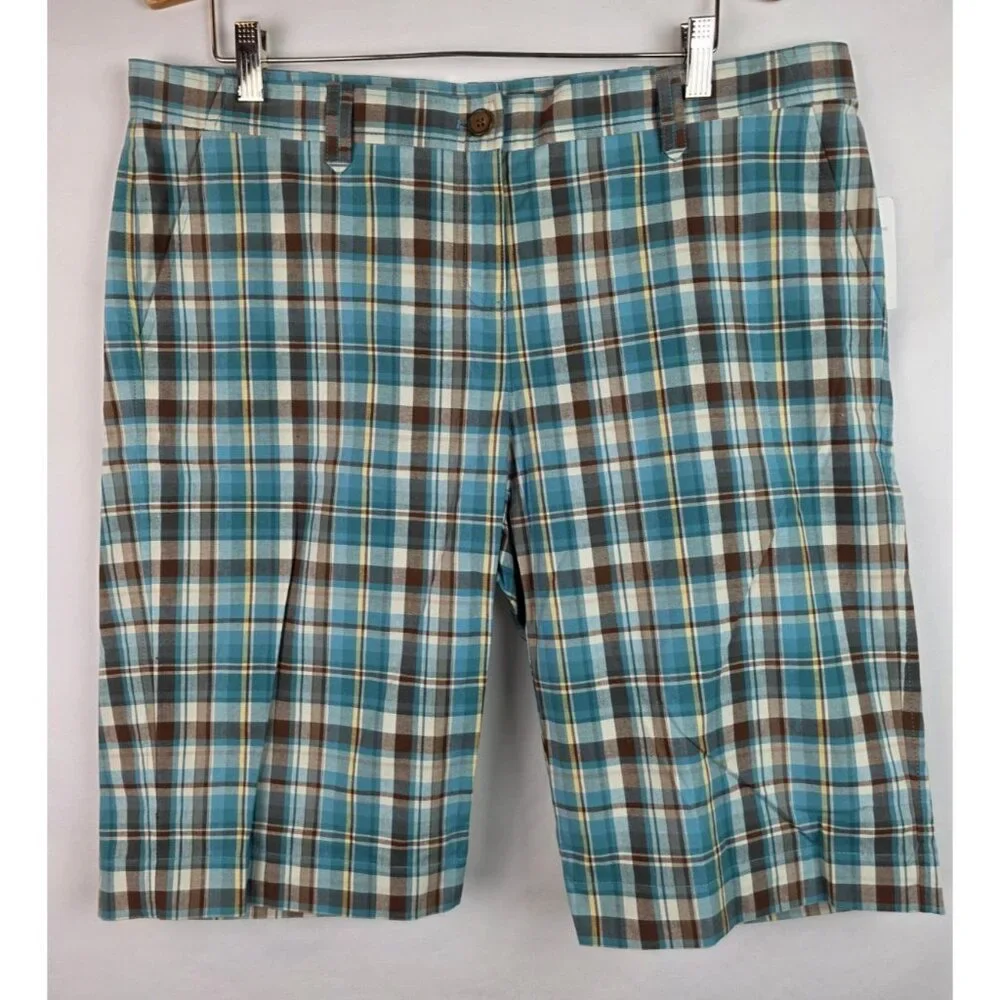 Liz & Co Womens Shorts Size 14 Aqua Blue Plaid Stretch Bermuda Short